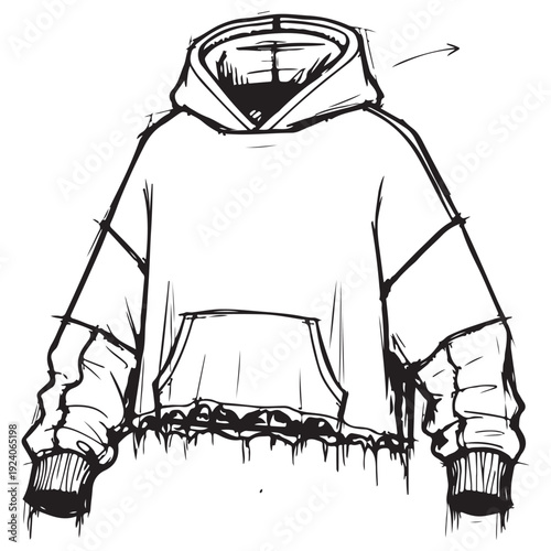 Hand-drawn oversized hoodie sketch featuring a distressed hem and kangaroo pocket, urban streetwear fashion illustration in a rough black ink line art style for modern apparel design concepts.
