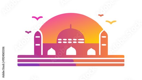 Illustrated mosque with birds