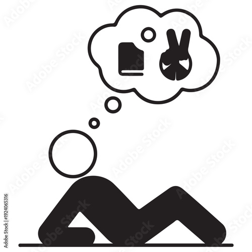 Minimalist stick figure pictogram lying down dreaming and contemplating education and peace represented by a thought bubble with a book and victory sign icon clean black and white vector.