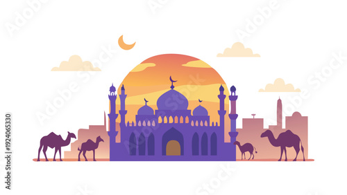 Desert sunset with mosque and camels