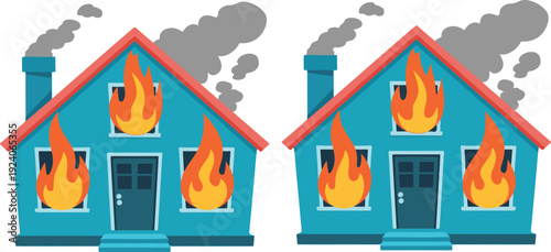 A cartoon illustration of a burning house with a turquoise-colored exterior and red roof.