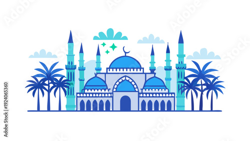 Illustrated mosque with palm trees