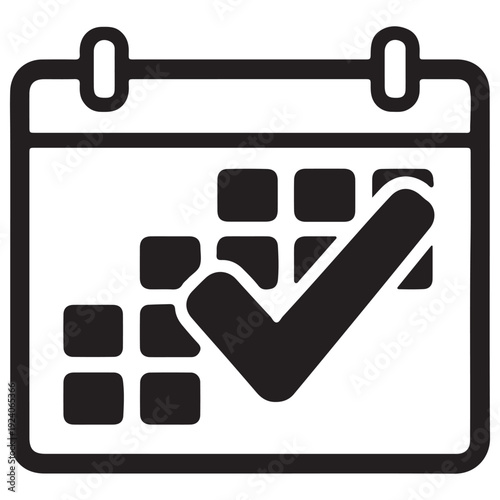 Minimalist calendar icon with a bold checkmark representing scheduled task completion and appointment confirmation for business planning, time management, and deadline tracking.