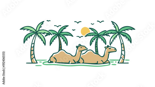 Camels resting in tropical paradise