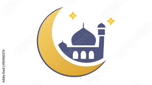 Illuminated crescent moon with mosque