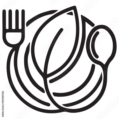Minimalist healthy food icon with plate, fork, spoon, and leaves representing organic dining and nutritional wellness for restaurant menus and health apps; clean black line art on white.