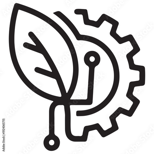 Minimalist Green Technology Icon Representing Sustainable Engineering and Eco-Friendly Innovation Combining a Natural Leaf with Industrial Gear and Digital Circuit Lines for Modern Design.