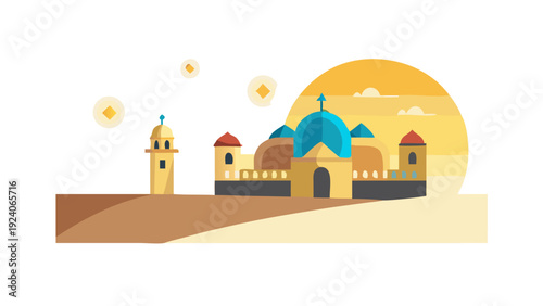 Illustrated desert fortress at sunset