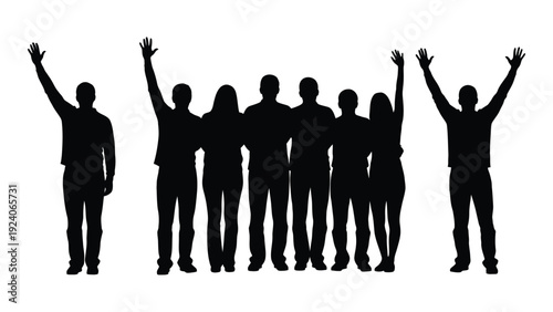 A group of people standing with their arms raised in celebration isolated on white background, Vector