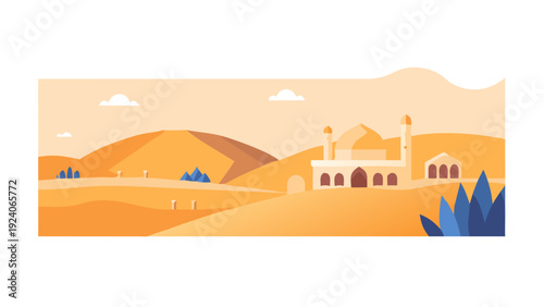 Desert oasis with mosque