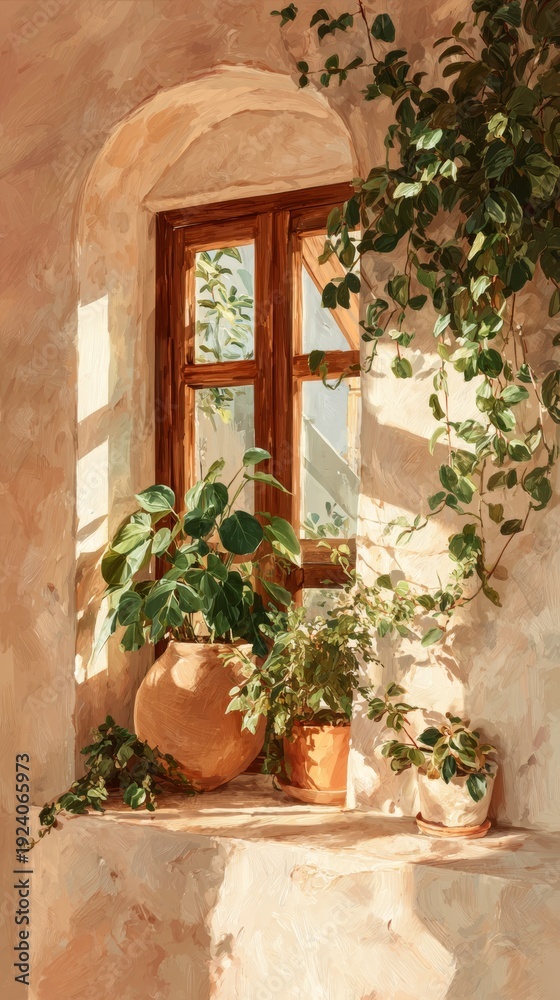 Fototapeta premium Serene potted plants on sunny windowsill with lush greenery