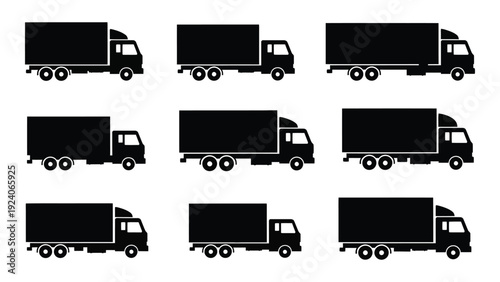 A collection of black silhouette truck icons isolated on white background, Vector