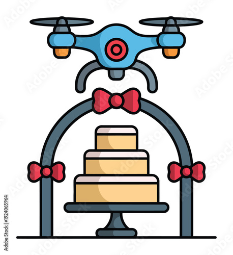 Drone Captures Wedding Cake Under Archway with Bows