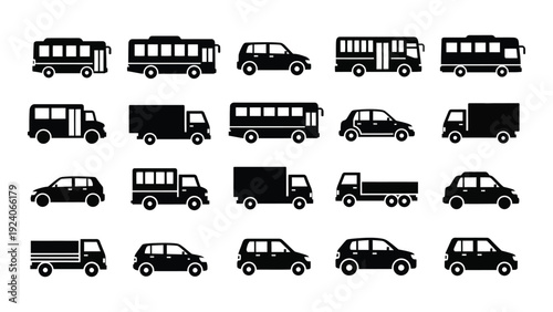 A collection of black and white vehicle icons isolated on white background, Vector