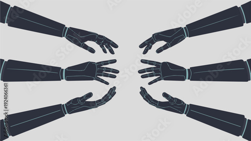 Robot hands reaching out to human hands in a collaborative gesture, showcasing technology and interaction