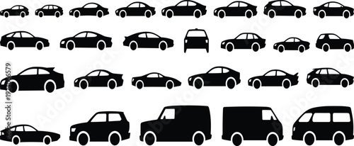 Car silhouette icons set featuring passenger vehicles, SUVs, vans, and minivans, black vector illustration for automotive, transport, design, traffic, educational artwork