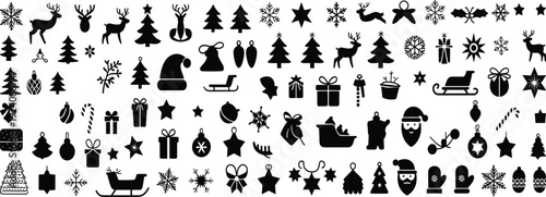 Christmas and winter holiday silhouette icons set featuring tree, reindeer, snowflake, Santa Claus, sleigh, gifts, ornaments, candy cane, holly, bells, bows, gingerbread