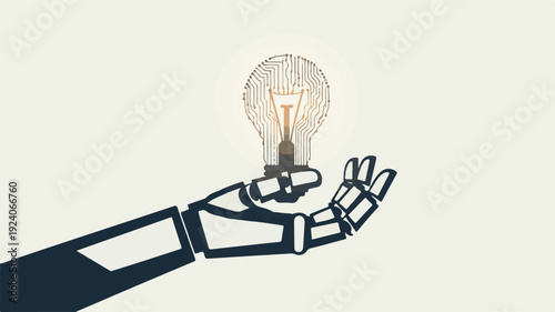 Robot Hand Holding a Glowing Light Bulb in a Minimal Vector Illustration from a Side View