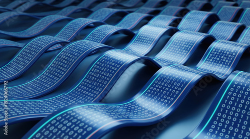 Abstract 3d render of blue binary data waves representing digital information flow and technology network.