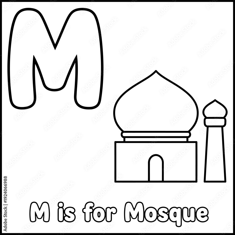 Fototapeta premium Ramadan mosque alphabet coloring page for kids M letter Islamic education flat design vector illustration