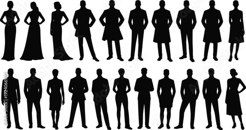 Large collection of business people silhouettes in formal attire, corporate men and women standing in confident poses isolated on white background vector set
