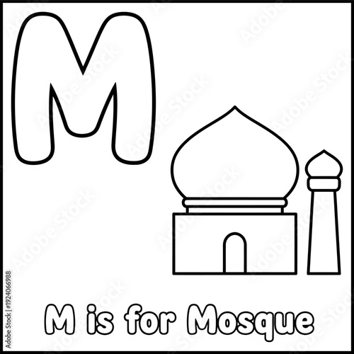 Ramadan mosque alphabet coloring page for kids M letter Islamic education flat design vector illustration
