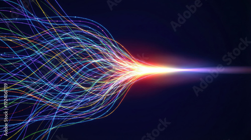 Abstract digital data transfer concept with colorful fiber optic light lines merging into a single beam.
