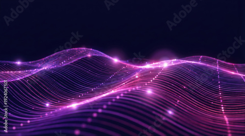 Abstract digital wave of glowing purple particles representing data network and future technology.