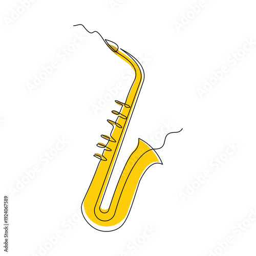 Continuous line sketch drawing of trumpet saxophone music instrument. Classic royal jazz orchestra single one line editable stroke vector illustration