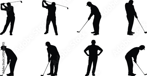 Golf silhouette icons set featuring player poses and stances with clubs, black vector illustration for sports training, athletic technique, instructional design, motion sequence