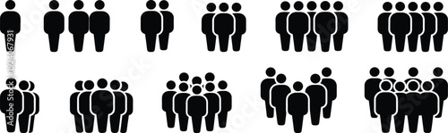 Group silhouette icons set featuring individuals and groups from one to ten members, black vector illustration for community, population, social data, organizational design
