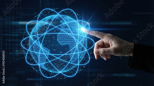 Businessman hand touching a digital glowing globe representing global network connectivity and future technology.