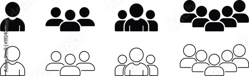 Group silhouette icons set featuring single person, team of three, and larger group of five members, solid and outline vector design for user interface, community representation
