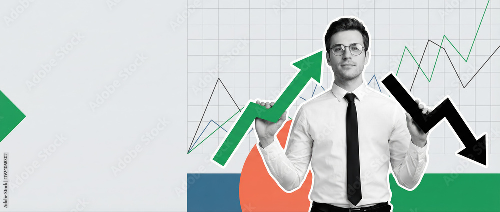 Naklejka premium Businessman holding up and down arrows representing financial market growth and stock analysis trends.