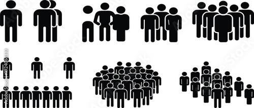 Group silhouette icons set featuring small, medium, and large gatherings of people, black vector illustration for community, crowd dynamics, sociology, statistics, organizational design