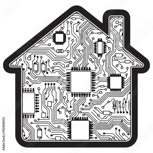 Smart home technology concept illustration featuring a house silhouette filled with intricate electronic circuit board patterns, microchips, and digital wiring on a white background.