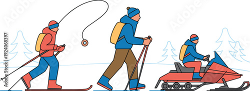 Winter outdoor activities illustration featuring skiing, trekking and snowmobile riding, colorful flat vector design of people in snowy landscape