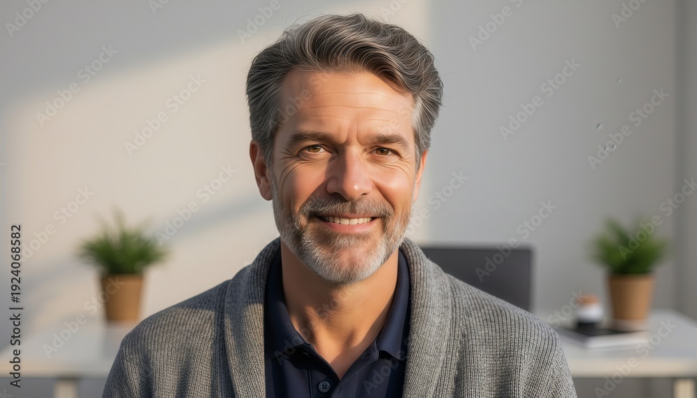 Naklejka premium Smiling middleaged man in a gray sweater and blue shirt sitting in an office