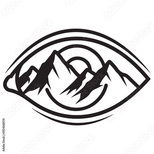 Minimalist eye icon featuring a mountain range and sun landscape inside, representing vision, perspective, and outdoor adventure, clean black line art on white background.