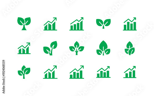 Collection of green icons depicts plant growth alongside bar chart upward trends for ecological investment concepts.