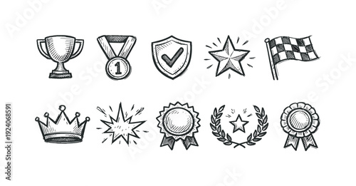 Award and achievement icon set in hand-drawn style. Trophies, medals, and badges illustrated