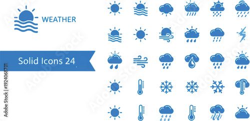 A collection of blue weather icons depicting various atmospheric conditions and natural phenomena in a solid style displayed on a grid layout