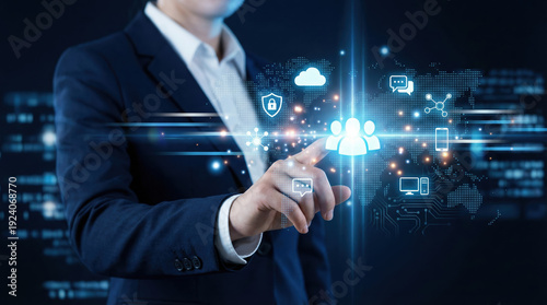 Wallpaper Mural Businesswoman touching a digital interface representing global networking and human resource management. Torontodigital.ca