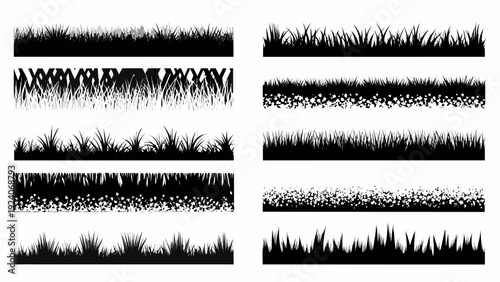 Collection of black and white grass and foliage border illustrations