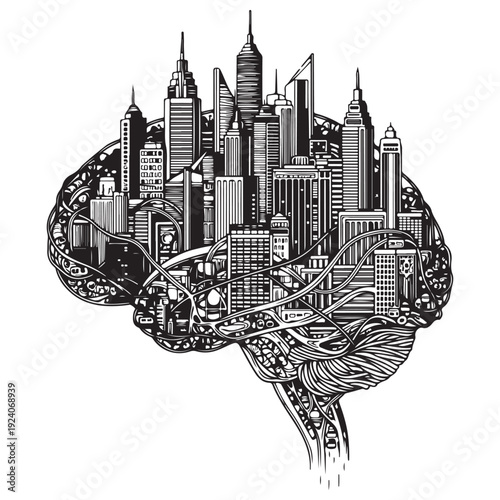 Human brain silhouette integrated with a modern metropolis skyline representing the synergy between urban infrastructure and cognitive function, black and white graphic illustration.