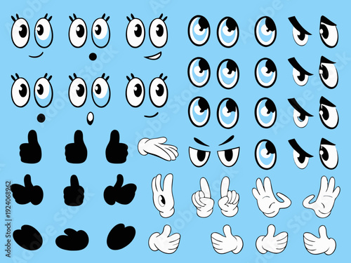 Collection of cartoon eyes hands and facial expressions on blue background