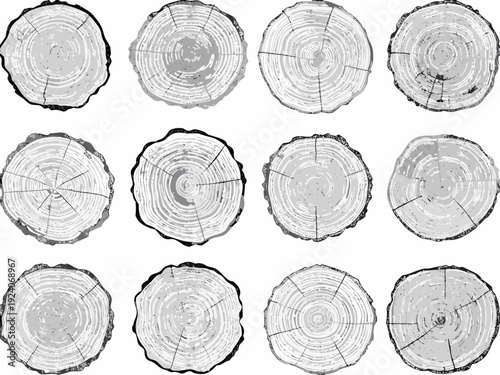 Arrangement of twelve grayscale cross sections depicting tree rings