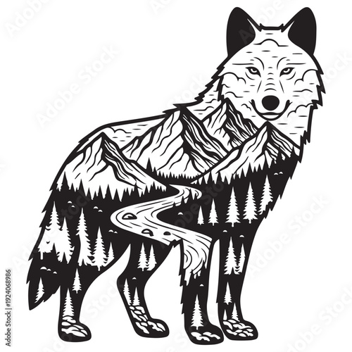 Majestic wolf silhouette featuring a double exposure mountain landscape with a winding river and pine forest, minimalist black and white woodcut style illustration for wilderness adventure.