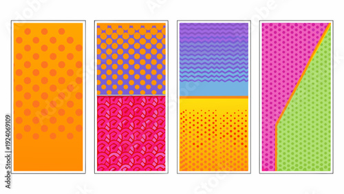 Four vibrant rectangular panels with repeating patterns and different colors