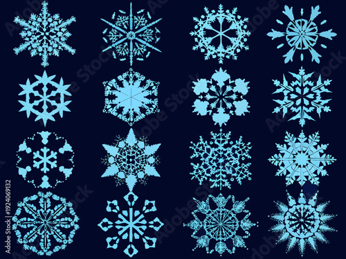A collection of intricately designed light blue snowflakes on a dark background